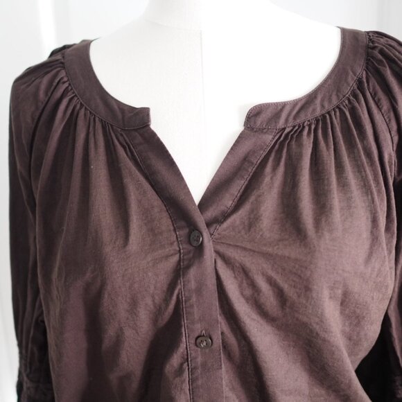 Aerie Peasant Blouse Coffee Brown Button-Up Ruched Sleeves Shirt Sz Large - Picture 3 of 10